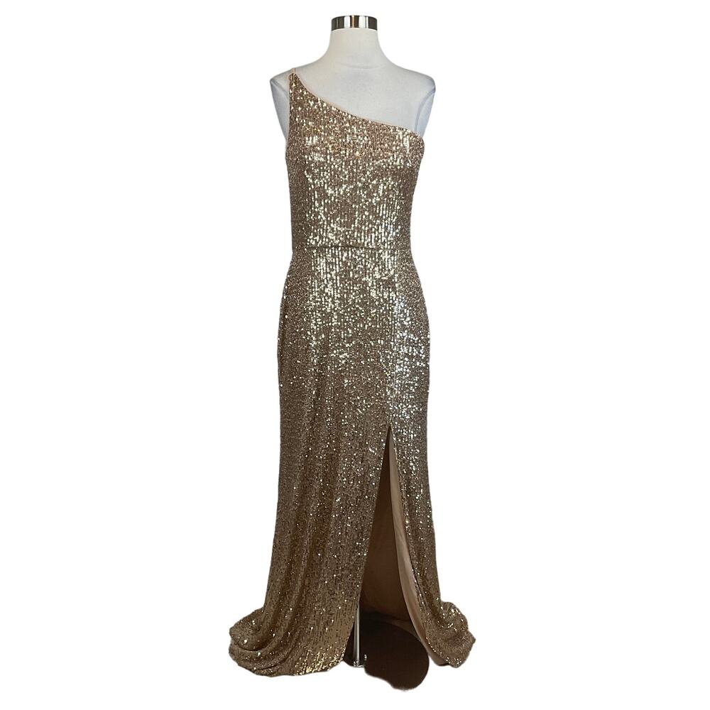 Xscape One-Shoulder Gold Sequin Gown